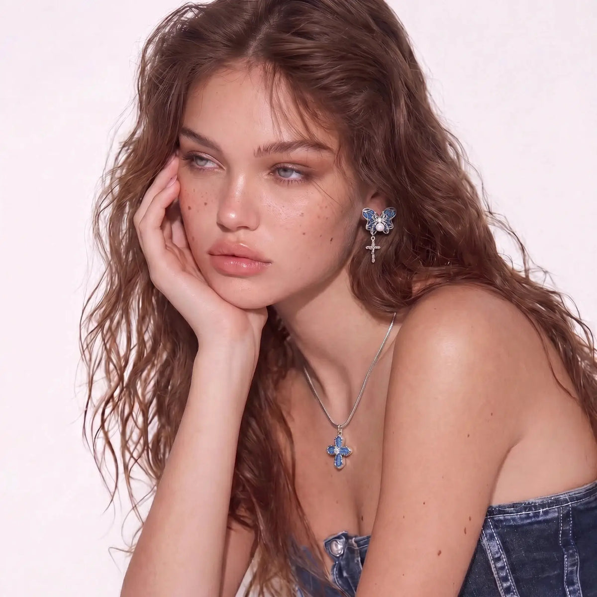Denim Cross Necklace by Aurora Beauty